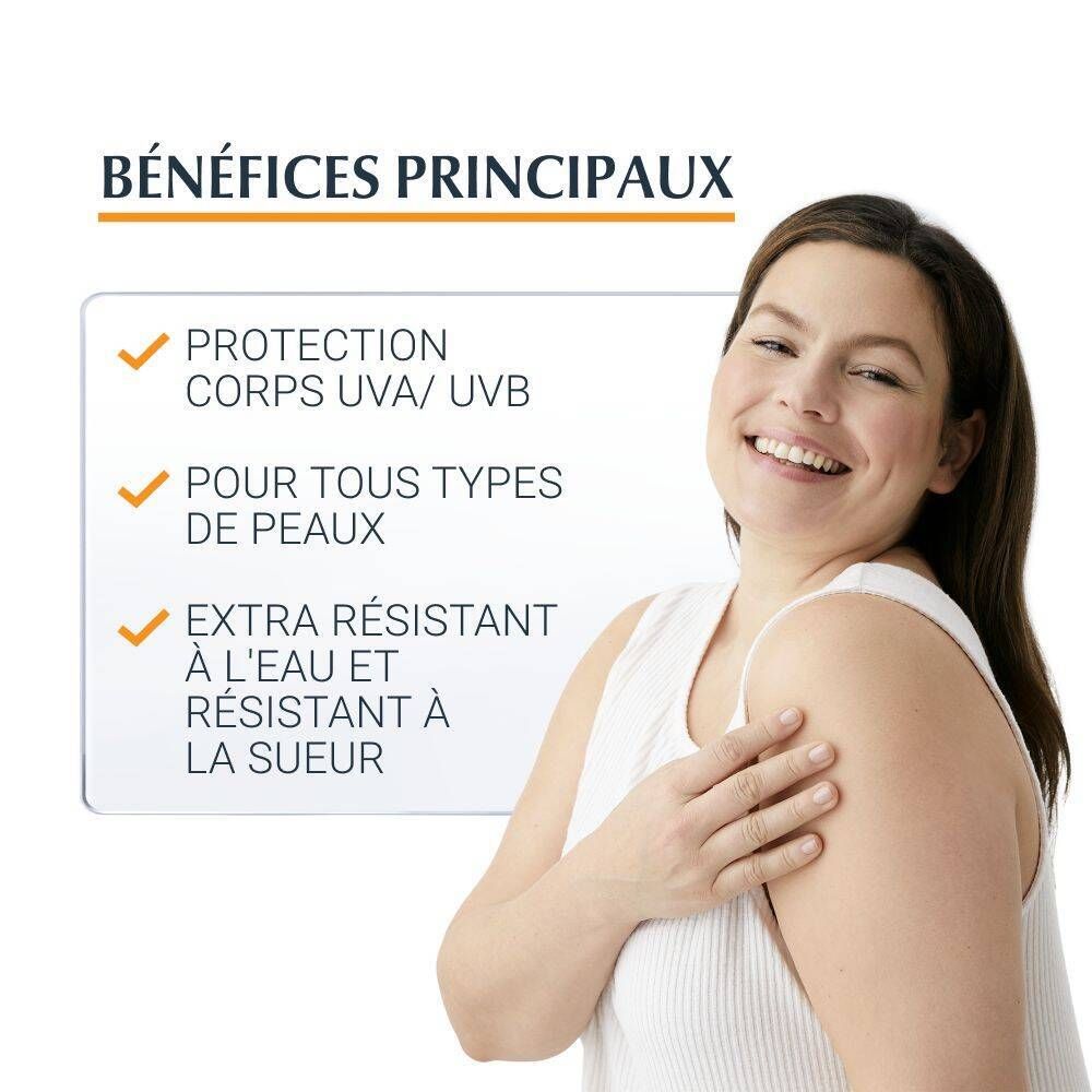 Femme souriante. Texte : Avantages : protection UVA/UVB, tous types de peau, résistant à l'eau.