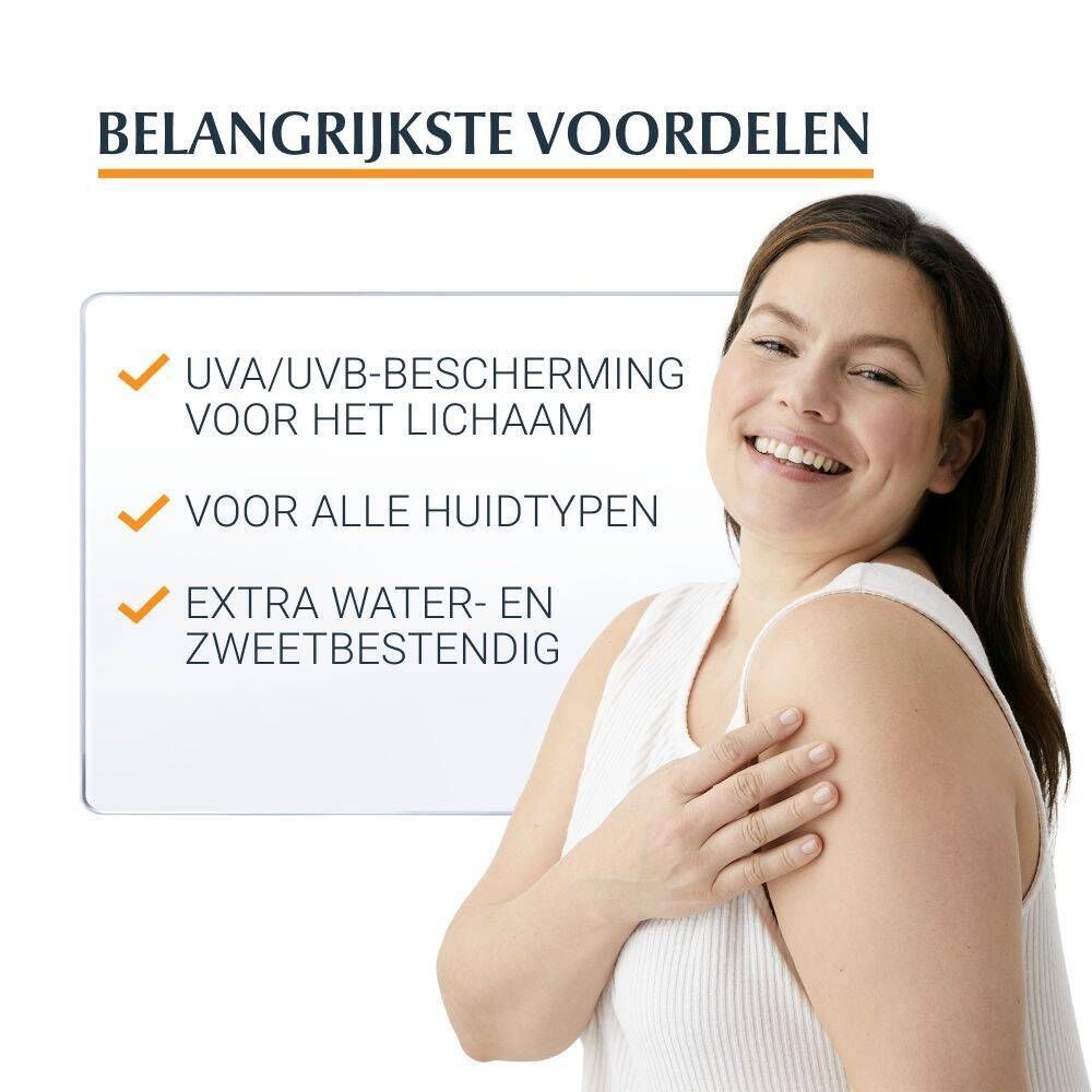 Lachende vrouw. Tekst: Voordelen: UVA/UVB-bescherming, voor alle huidtypes, waterbestendig.