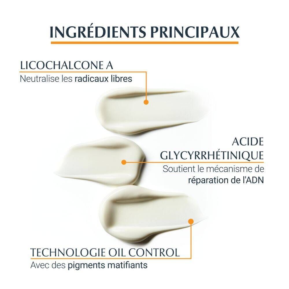 Trois traits de crème. Texte : Ingrédients : Licochalcone A, acide glycyrrhétinique, technologie Oil Control.