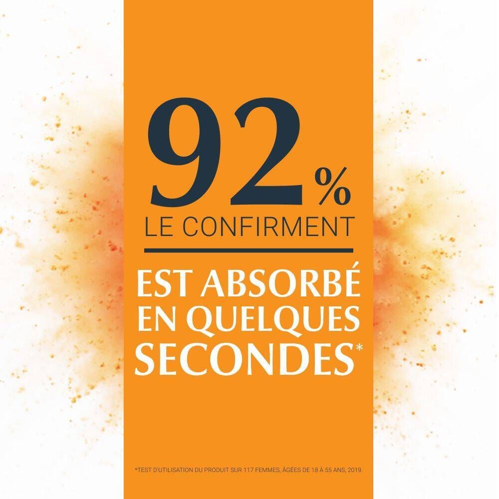 Fond orange. Texte : 92% confirment, absorption en quelques secondes.
