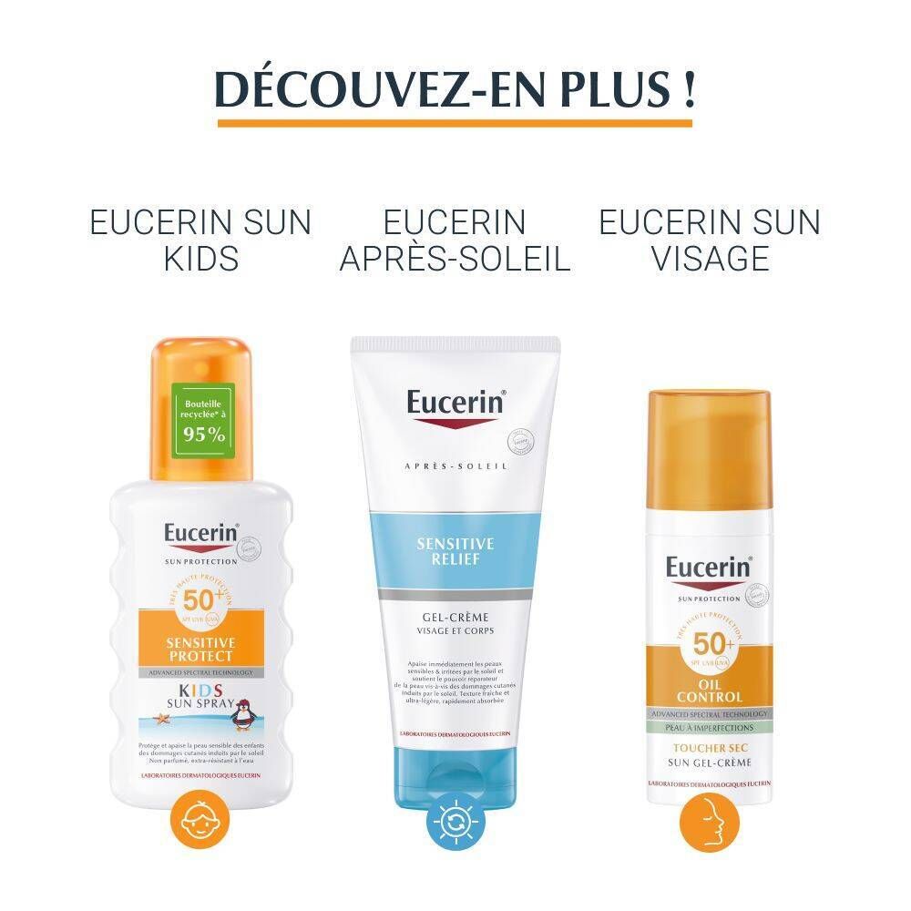 Trois produits Eucerin. Crème solaire, après-soleil, crème visage. Logos et noms.