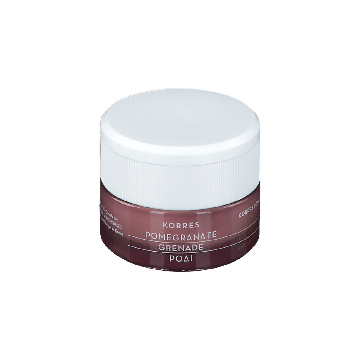 Pot rond avec couvercle blanc. En dessous, un récipient marron avec texte. Marque KORRES, nom du produit Pomegranate.