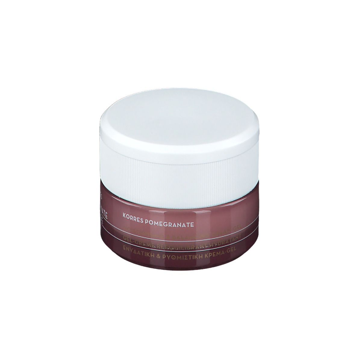 Pot rond avec couvercle blanc. En dessous, un récipient marron avec texte. Marque KORRES, nom du produit Pomegranate.