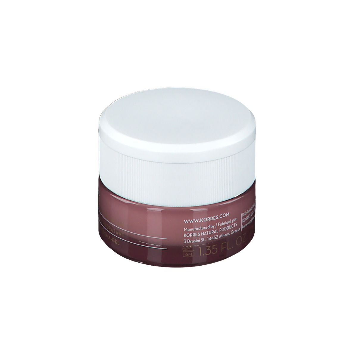 Pot rond avec couvercle blanc. En dessous, un récipient marron avec texte. Marque KORRES, nom du produit Pomegranate.