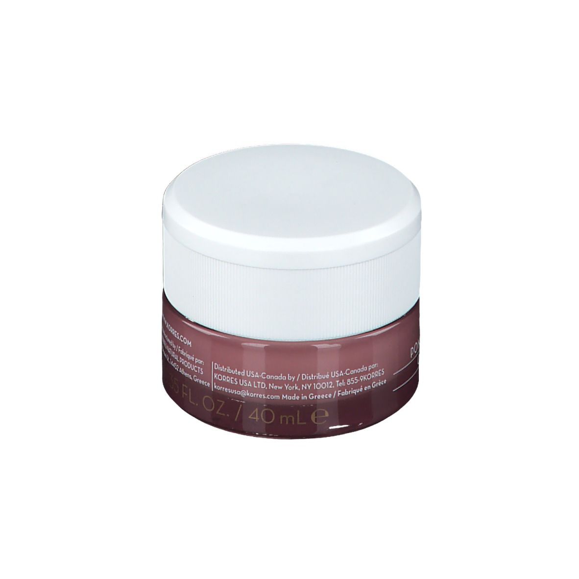 Pot rond avec couvercle blanc. En dessous, un récipient marron avec texte. Marque KORRES, nom du produit Pomegranate.