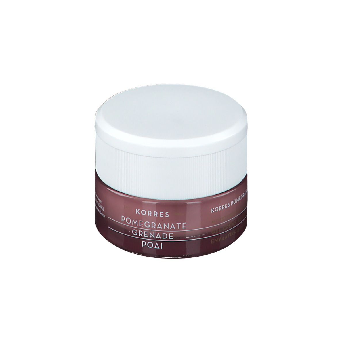 Pot rond avec couvercle blanc. En dessous, un récipient marron avec texte. Marque KORRES, nom du produit Pomegranate.