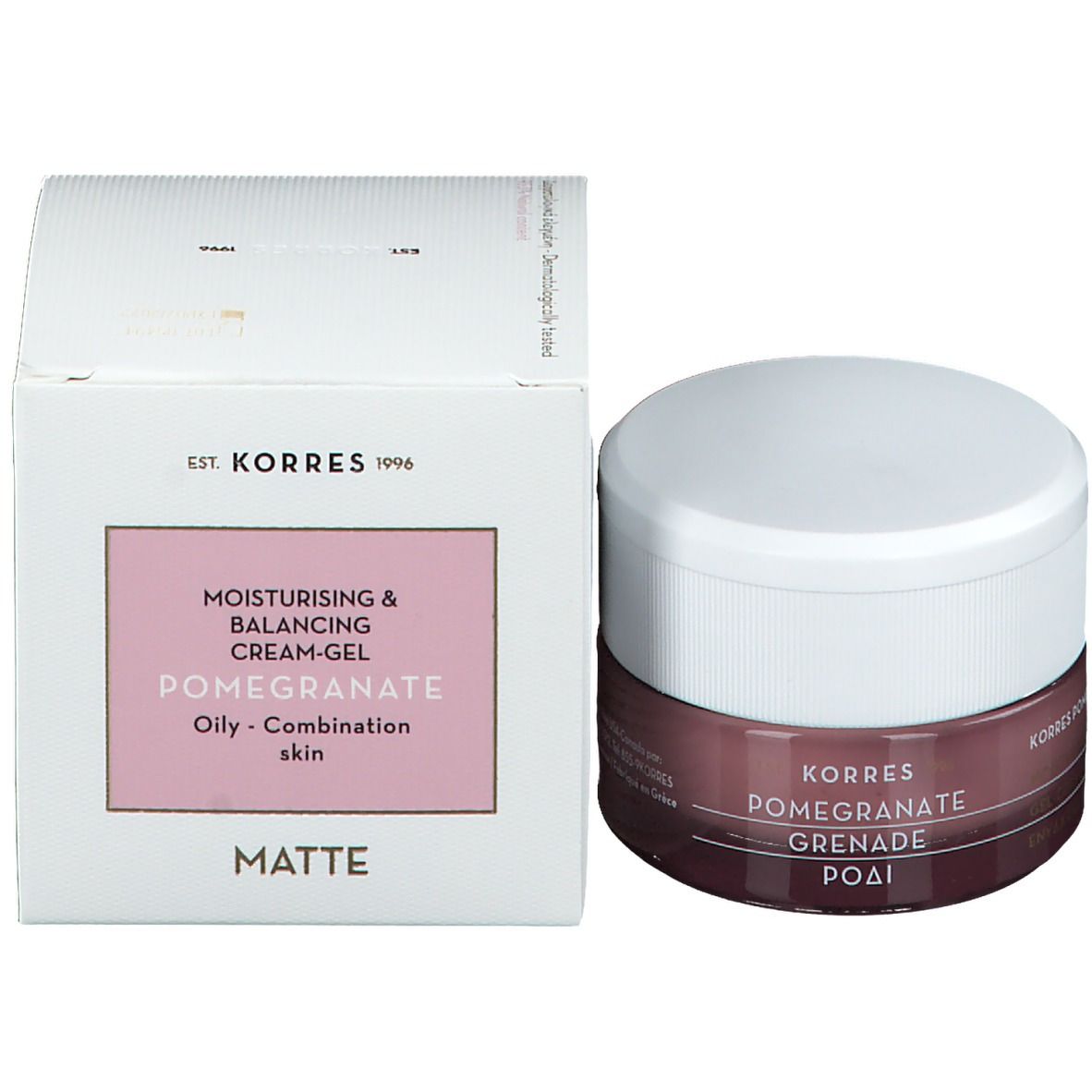 Emballage et pot du produit. Boîte blanche avec champ rose et informations sur le produit. Pot avec couvercle blanc et récipient marron.