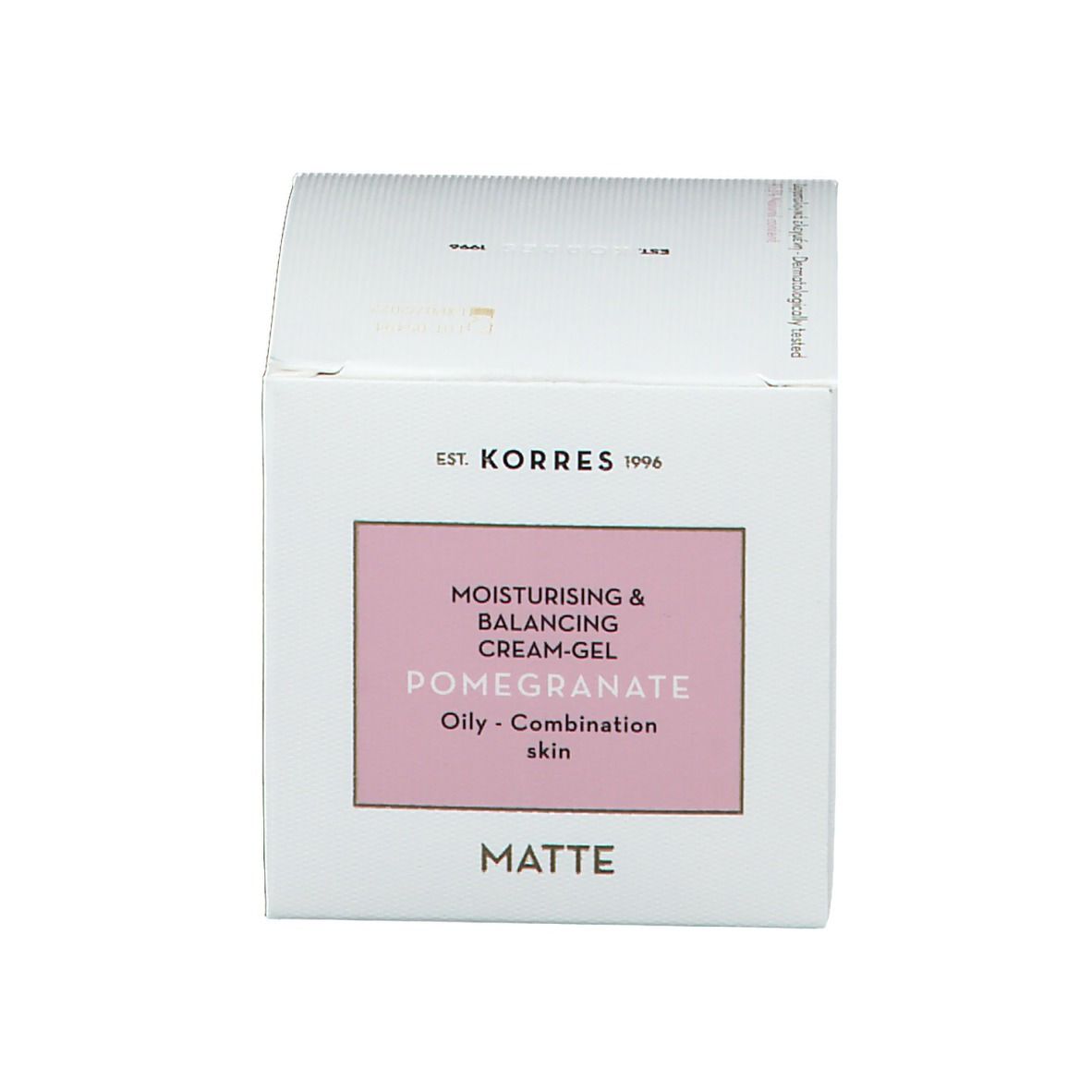 Emballage produit blanc avec champ rose et informations produit. Marque KORRES, nom et description du produit.