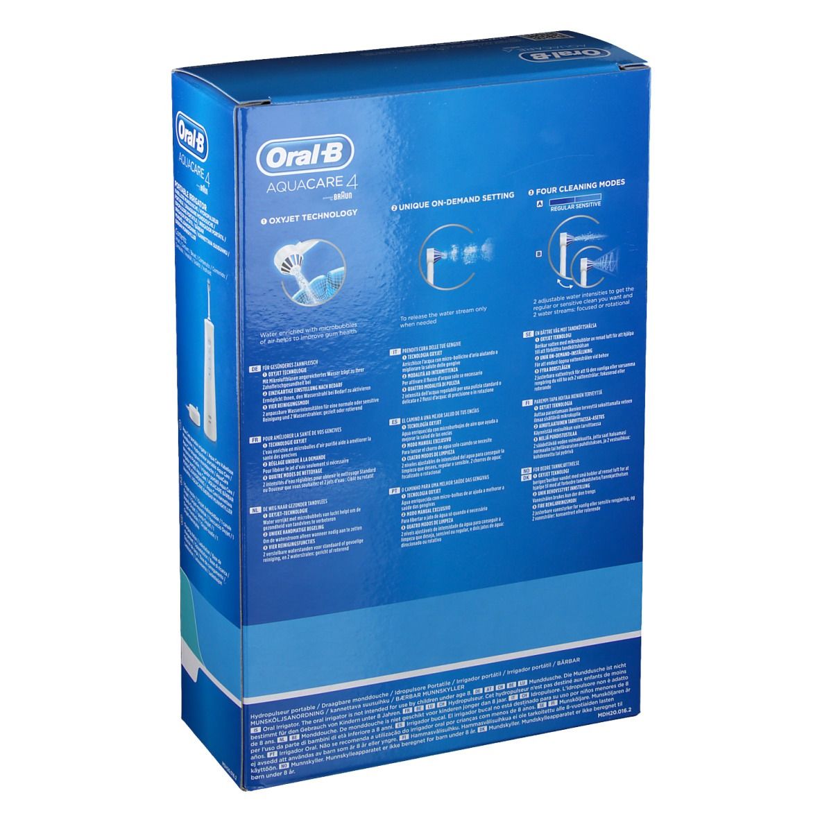 Dos de l'emballage Oral-B Aquacare 4. Texte et illustrations présentent les fonctions et caractéristiques du produit. Design bleu.