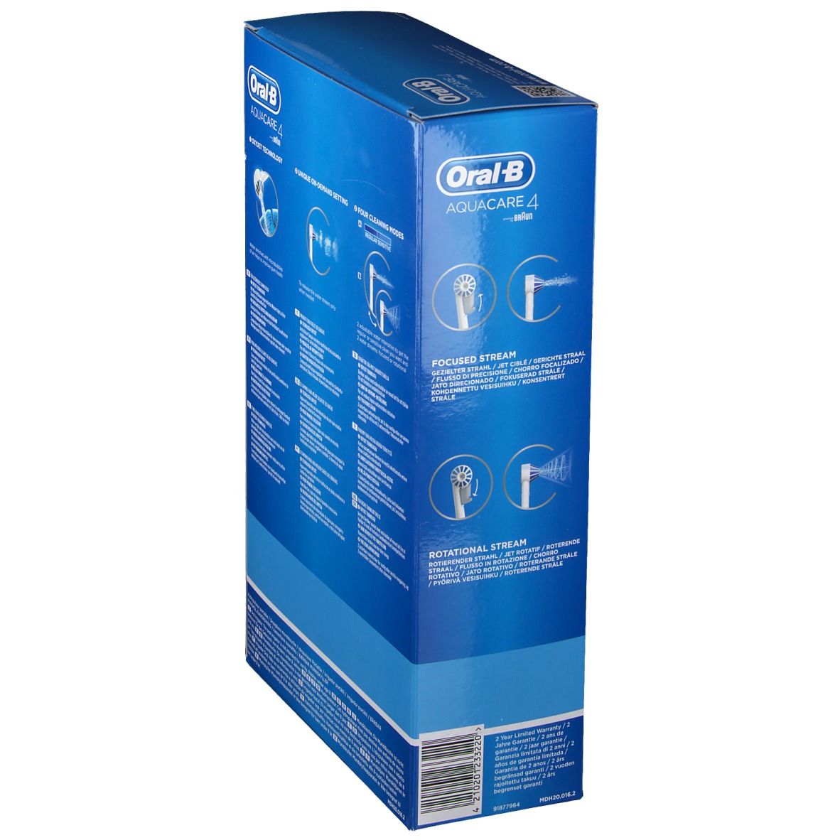 Vue latérale de l'emballage Oral-B Aquacare 4. Texte et illustrations présentent les fonctions et caractéristiques du produit. Design bleu.