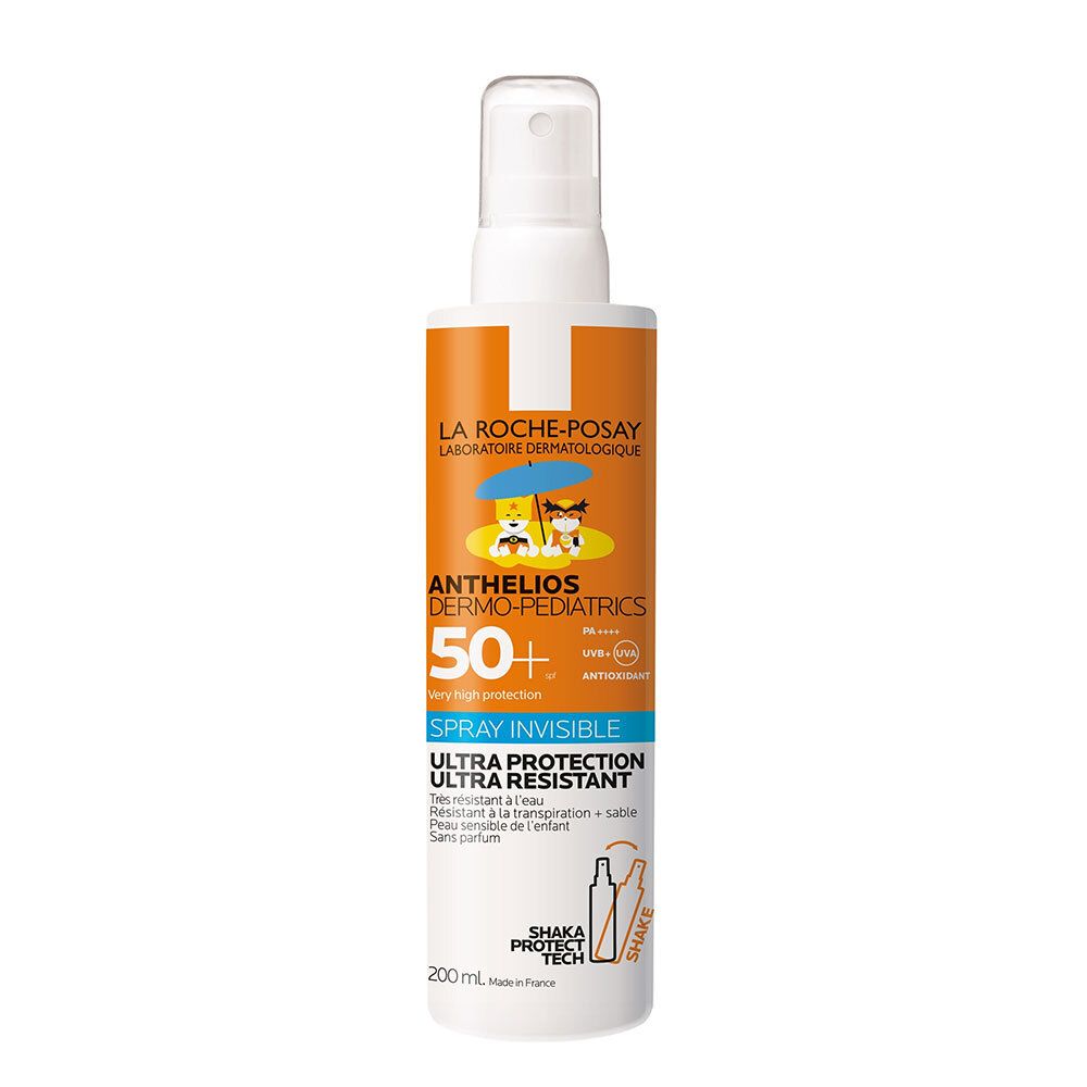 LA ROCHE-POSAY Anthelios Dermo-Pediatrics 50+ Spray. Witte fles met oranje etiket. Bevat tekst en illustraties.