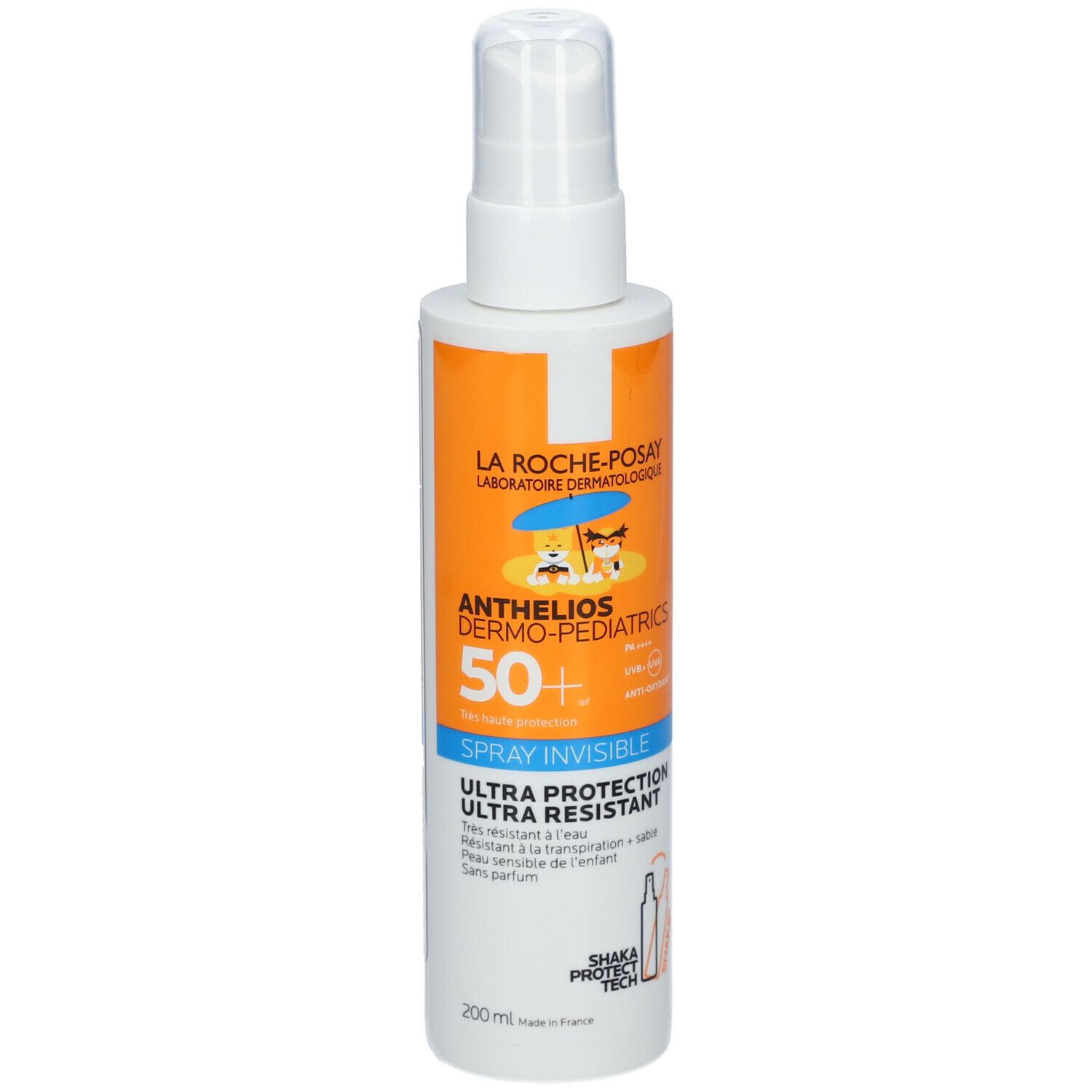 LA ROCHE-POSAY Anthelios Dermo-Pediatrics 50+ Spray. Witte fles met oranje etiket. Bevat tekst en illustraties.