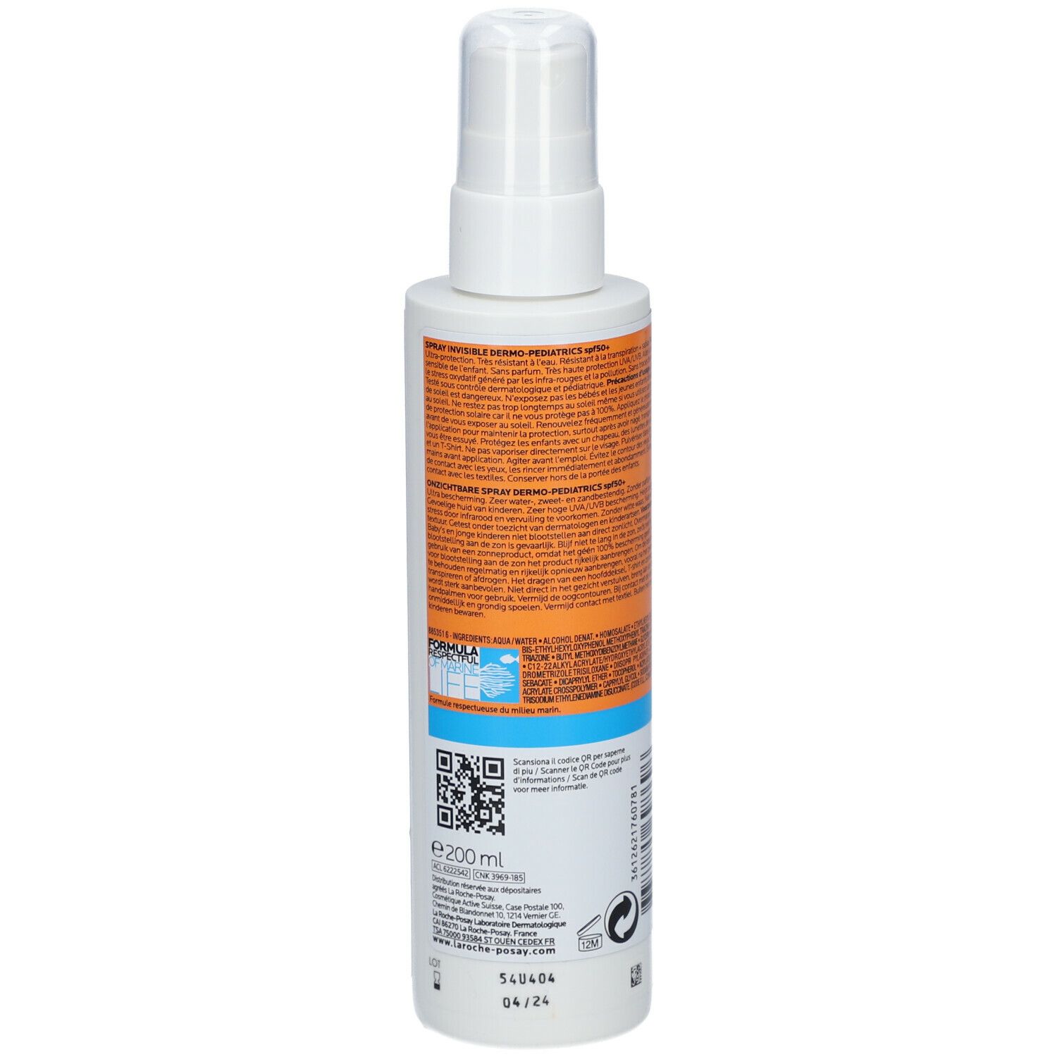 LA ROCHE-POSAY Anthelios Dermo-Pediatrics 50+ Spray. Witte fles met oranje etiket. Bevat tekst en illustraties.