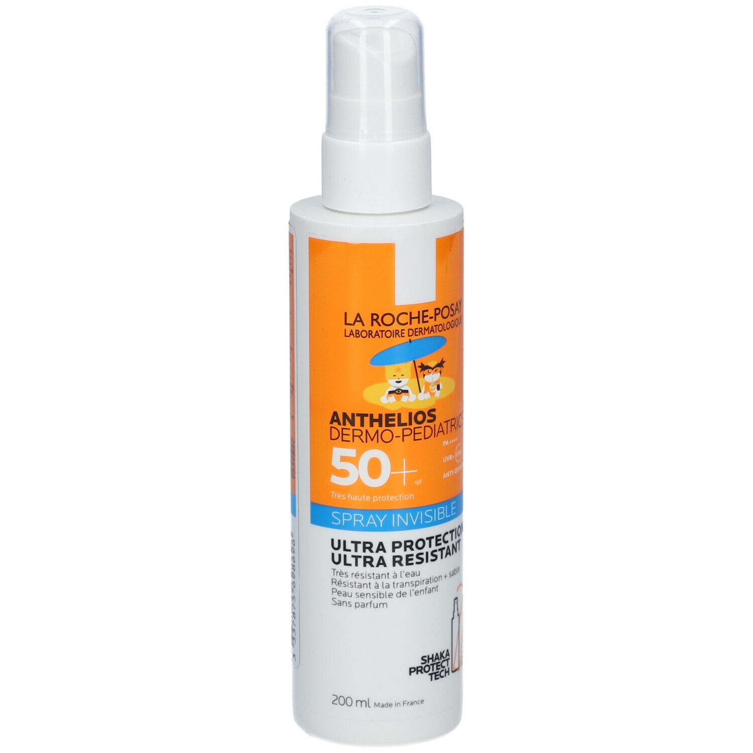 LA ROCHE-POSAY Anthelios Dermo-Pediatrics 50+ Spray. Witte fles met oranje etiket. Bevat tekst en illustraties.