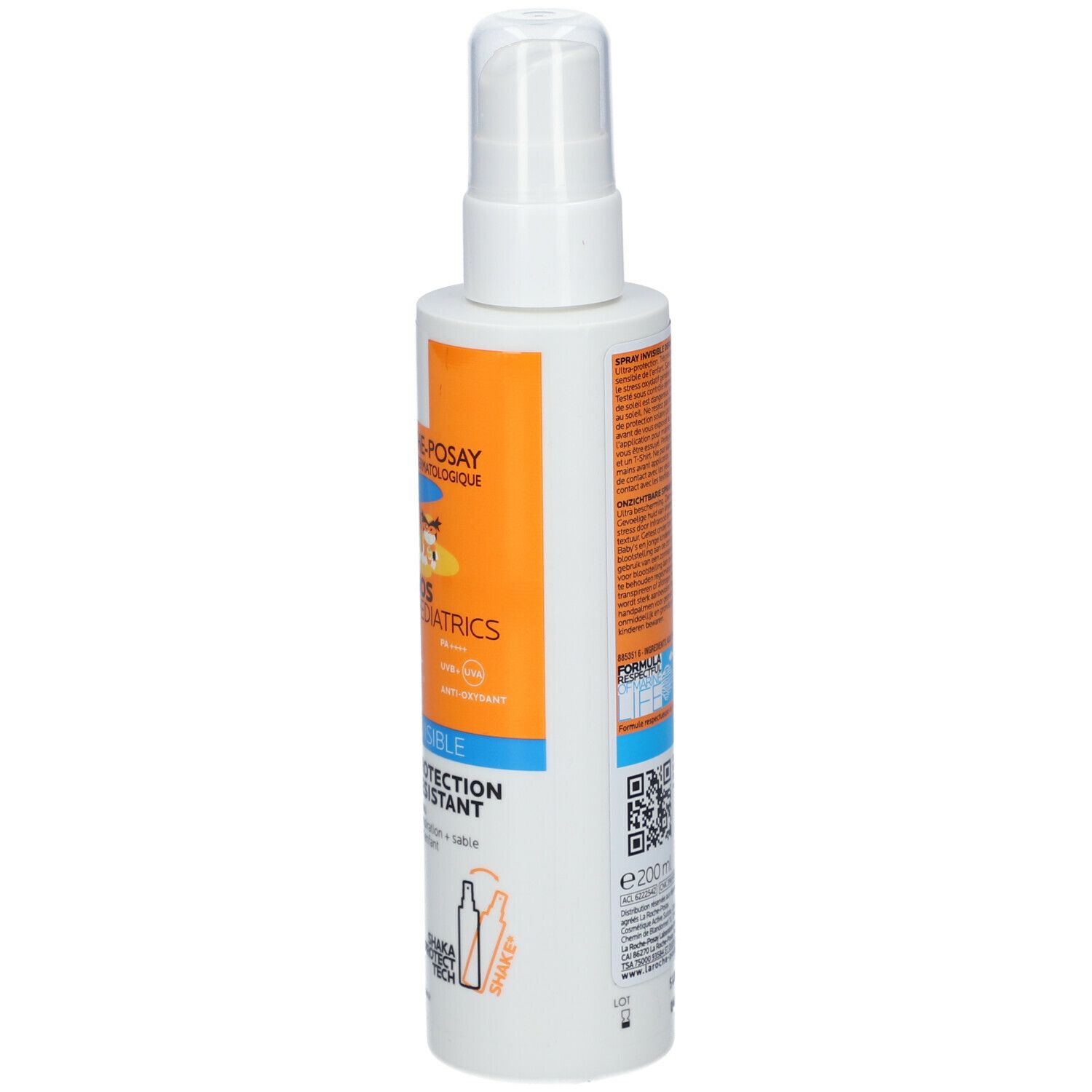 LA ROCHE-POSAY Anthelios Dermo-Pediatrics 50+ Spray. Witte fles met oranje etiket. Bevat tekst en illustraties.