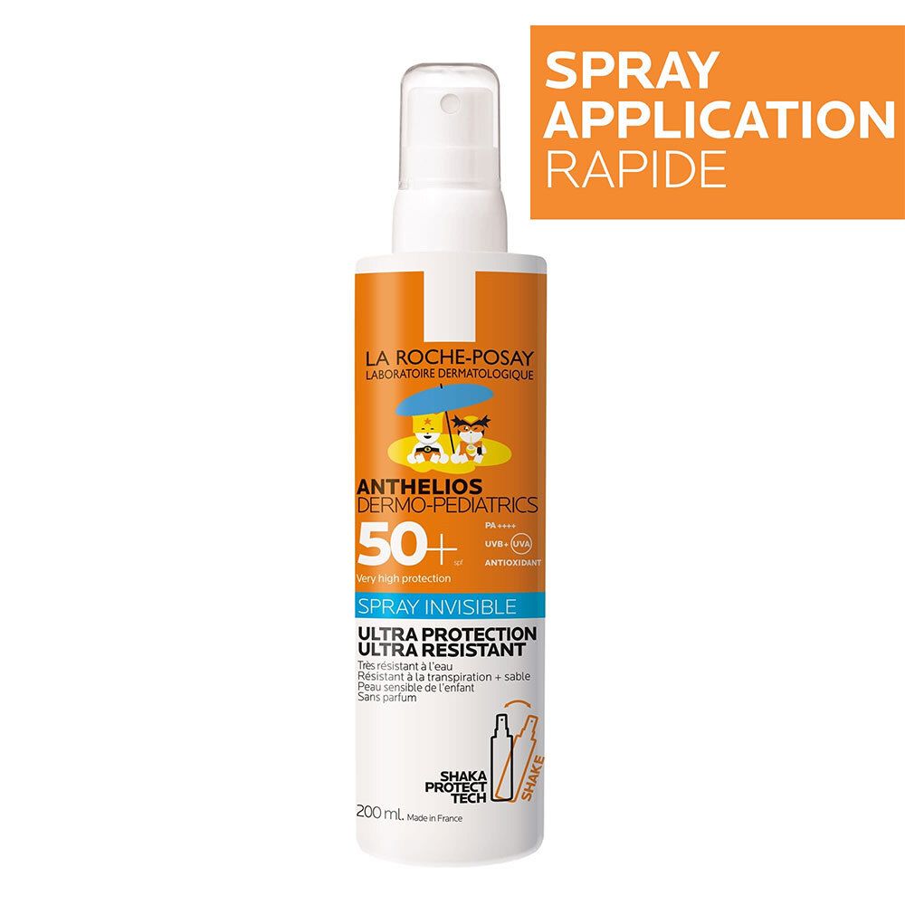 LA ROCHE-POSAY Anthelios Dermo-Pediatrics 50+ Spray. Witte fles met oranje etiket. Tekst: Spray Application Rapide.