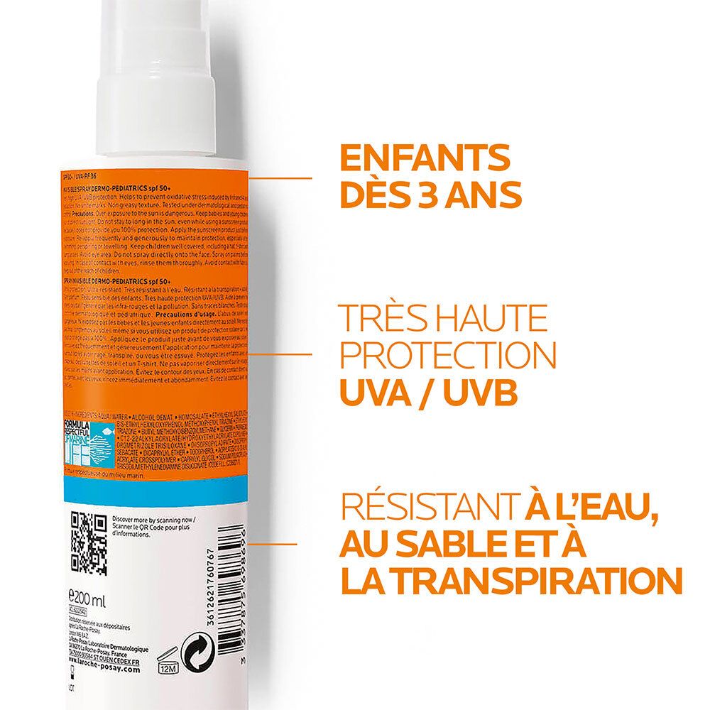 Achterkant van de fles. Tekst: Enfants dès 3 ans, Très haute protection UVA/UVB, Résistant à l'eau, au sable et à la transpiration.