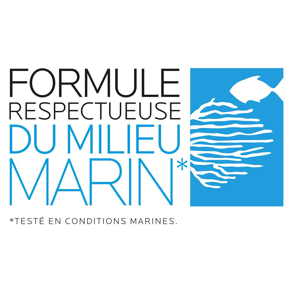 Logo: FORMULE RESPECTUEUSE DU MILIEU MARIN. Getest in mariene omstandigheden. Blauw vierkant met witte vis en koraal.