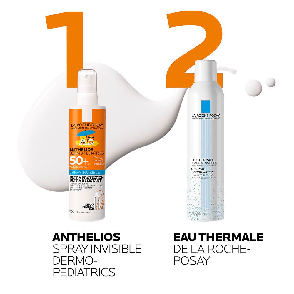 Vergelijking van twee producten. Links: Anthelios Spray Invisible Dermo-Pediatrics. Rechts: Eau Thermale de La Roche-Posay.