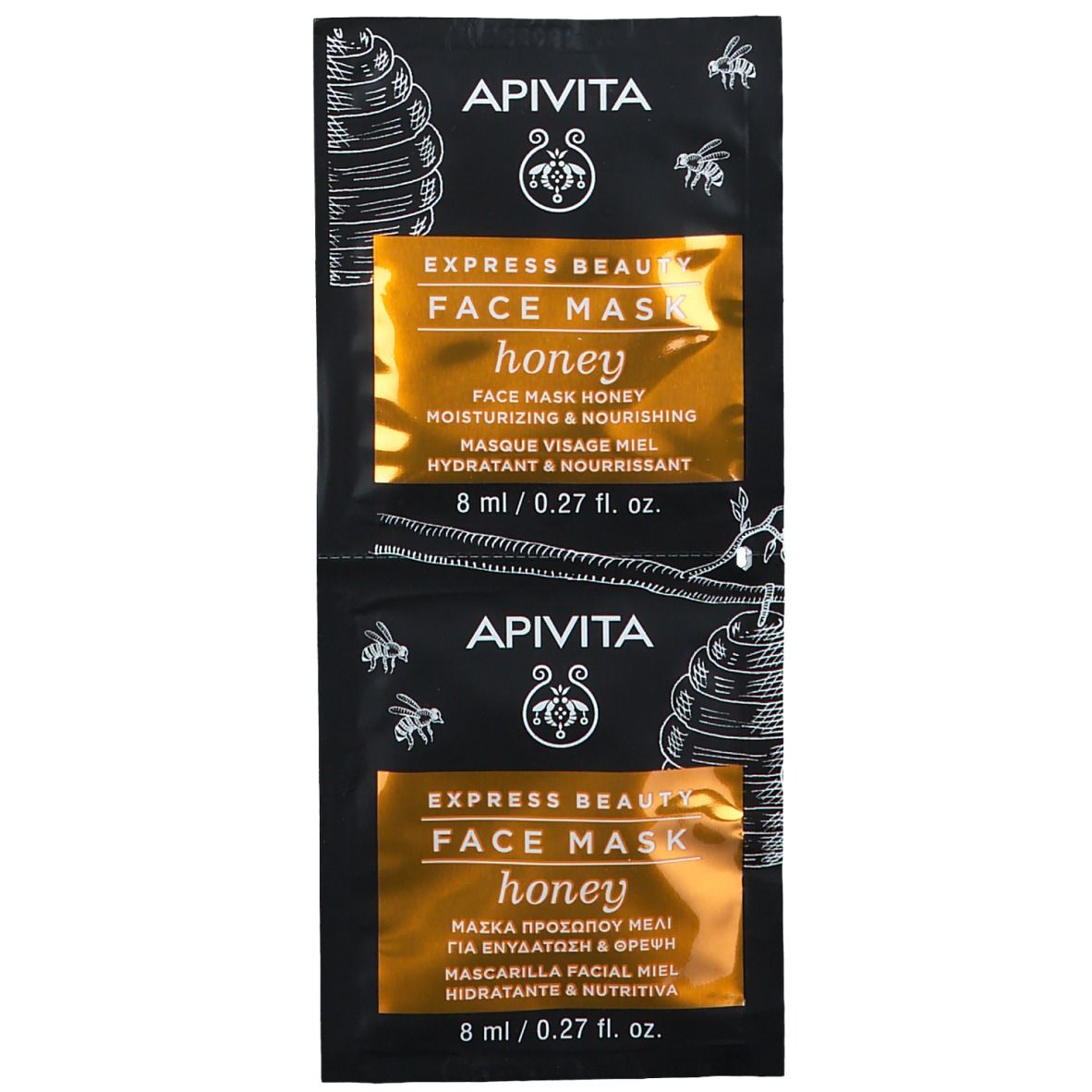 Deux sachets noirs de masque facial. Inscription : Apivita Express Beauty Face Mask Honey. 8 ml / 0,27 fl. oz.