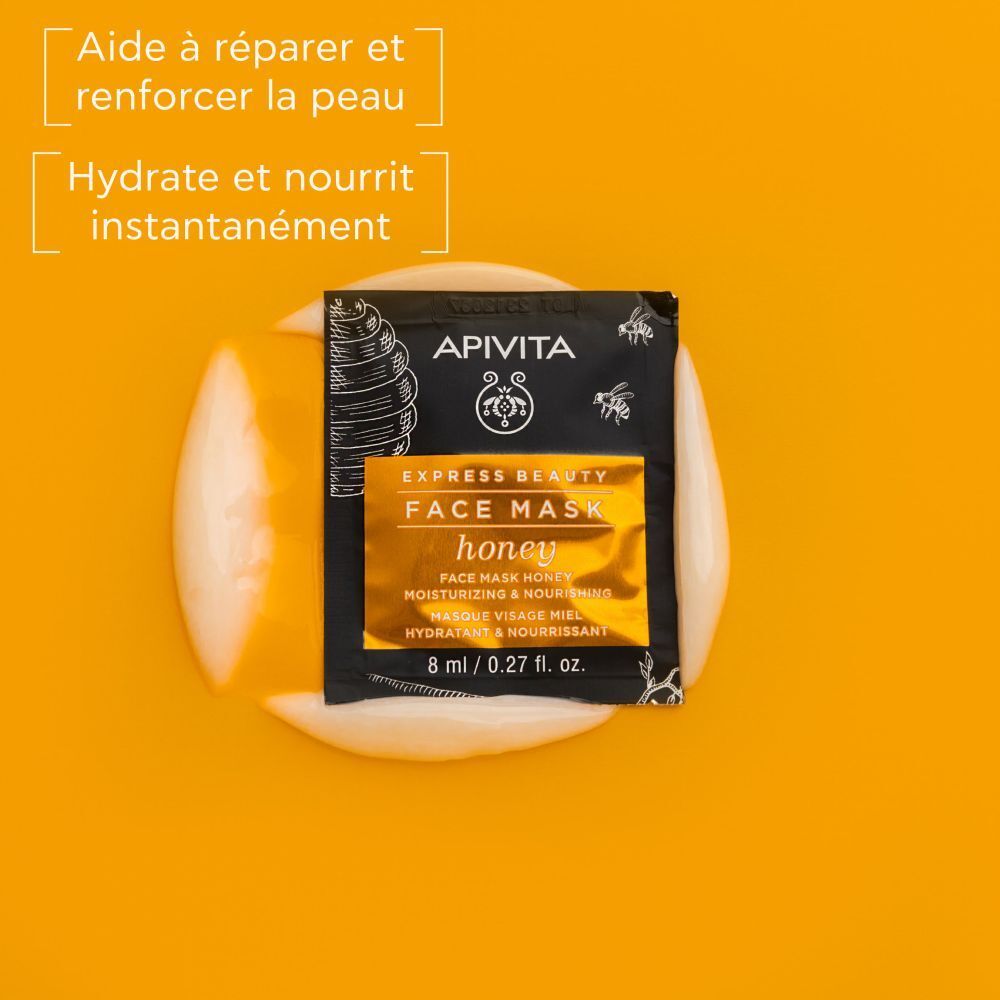 Sachet de masque facial sur fond jaune. Inscription : Apivita Express Beauty Face Mask Honey. 8 ml / 0,27 fl. oz.