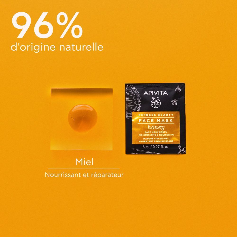 Sachet de masque facial et miel sur fond jaune. Inscription : Apivita Express Beauty Face Mask Honey. 8 ml / 0,27 fl. oz.