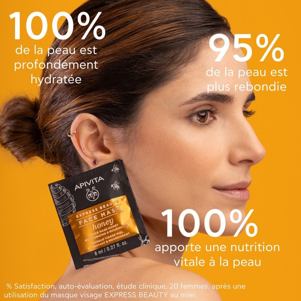 Femme avec sachet de masque facial. Inscription : Apivita Express Beauty Face Mask Honey. 8 ml / 0,27 fl. oz. Texte sur les résultats.