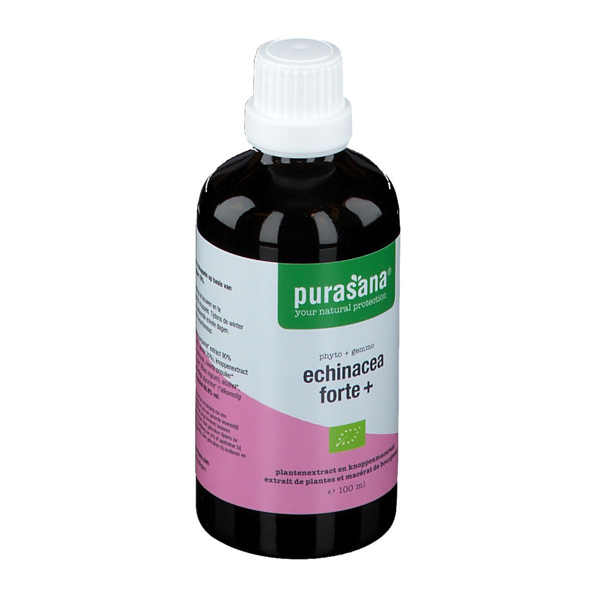 Flacon brun avec bouchon blanc. Étiquette avec logo vert et nom du produit. 100 ml.