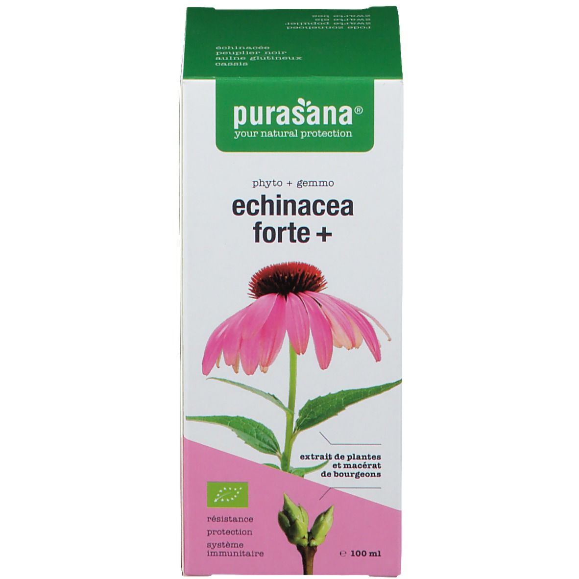Boîte avec image et nom du produit. Contient des informations et un logo. 100 ml.