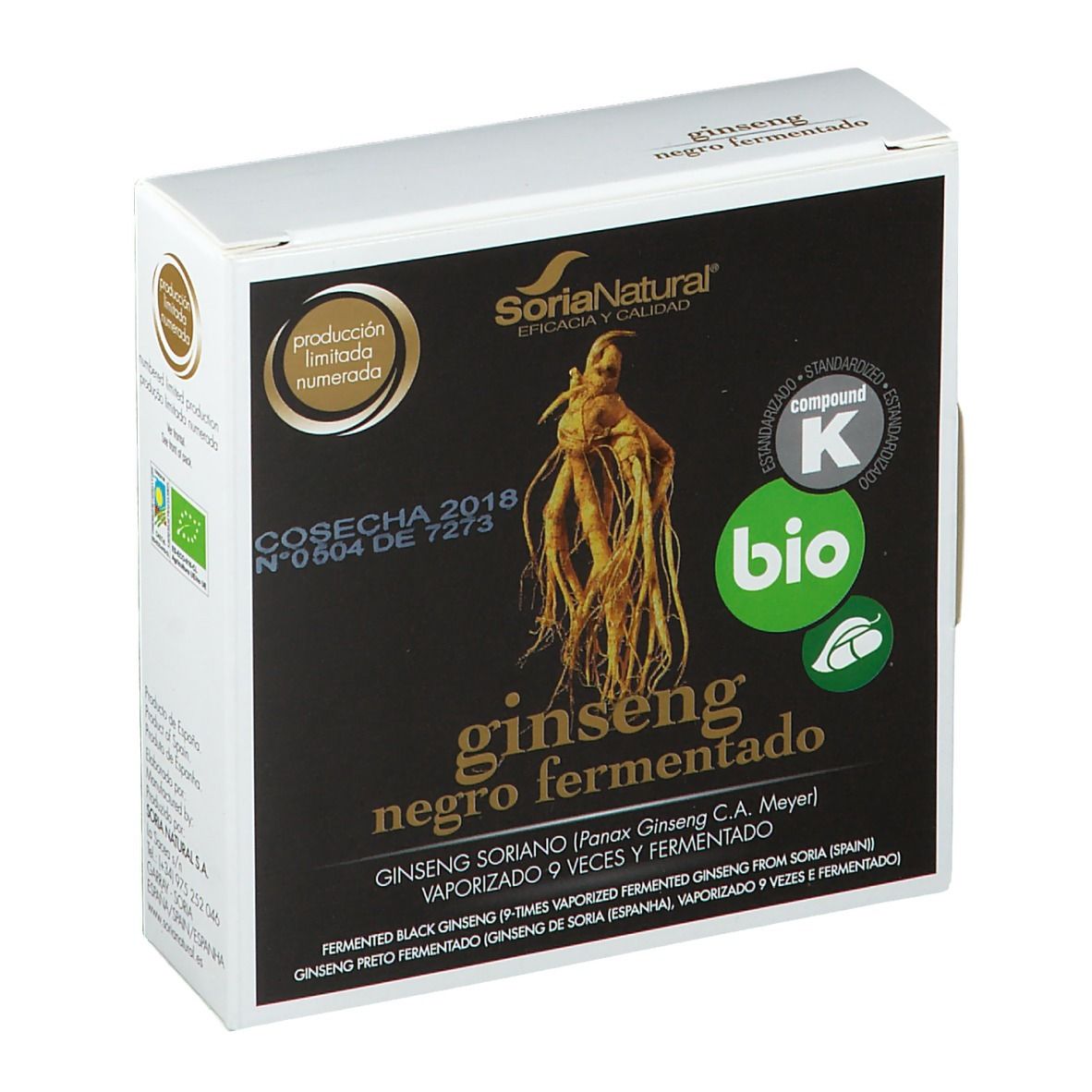 Boîte en carton avec nom du produit et logo. Inscriptions : Ginseng negro fermentado, label Bio, Soria Natural.