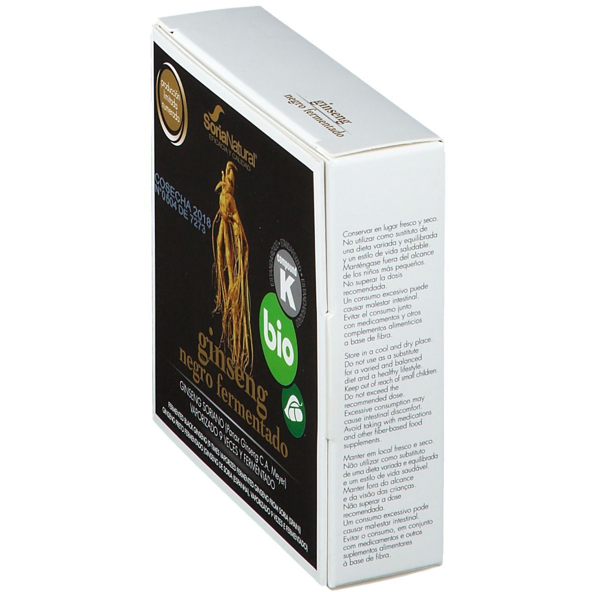 Boîte en carton en biais. Inscriptions : Ginseng negro fermentado, label Bio, Soria Natural.