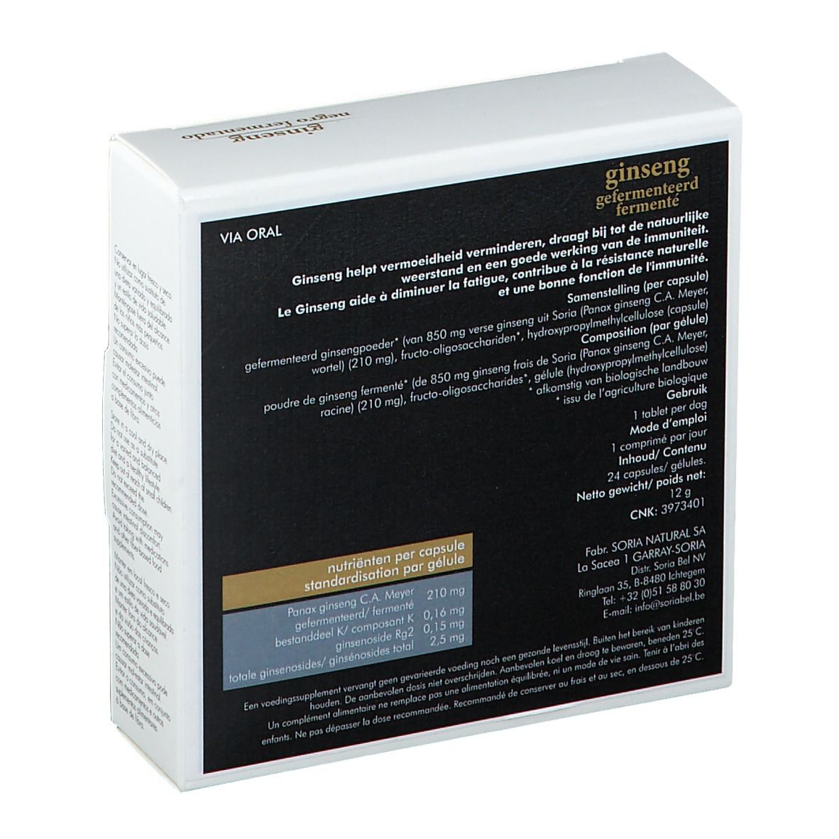 Dos de la boîte en carton. Texte avec informations nutritionnelles et ingrédients. Inscription : Ginseng fermentado.