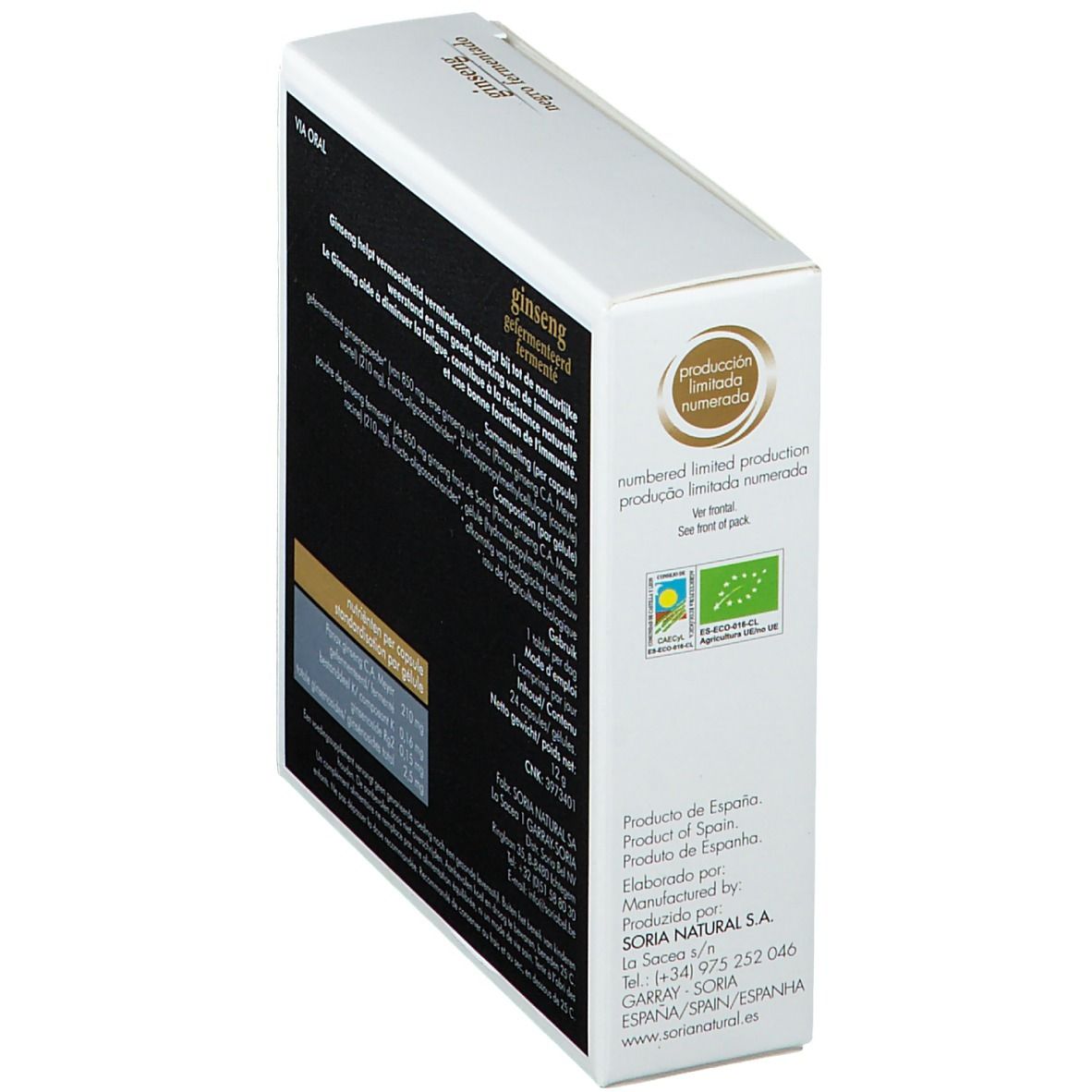 Boîte en carton, vue oblique arrière. Inscriptions : Ginseng fermentado, label Bio, Soria Natural.