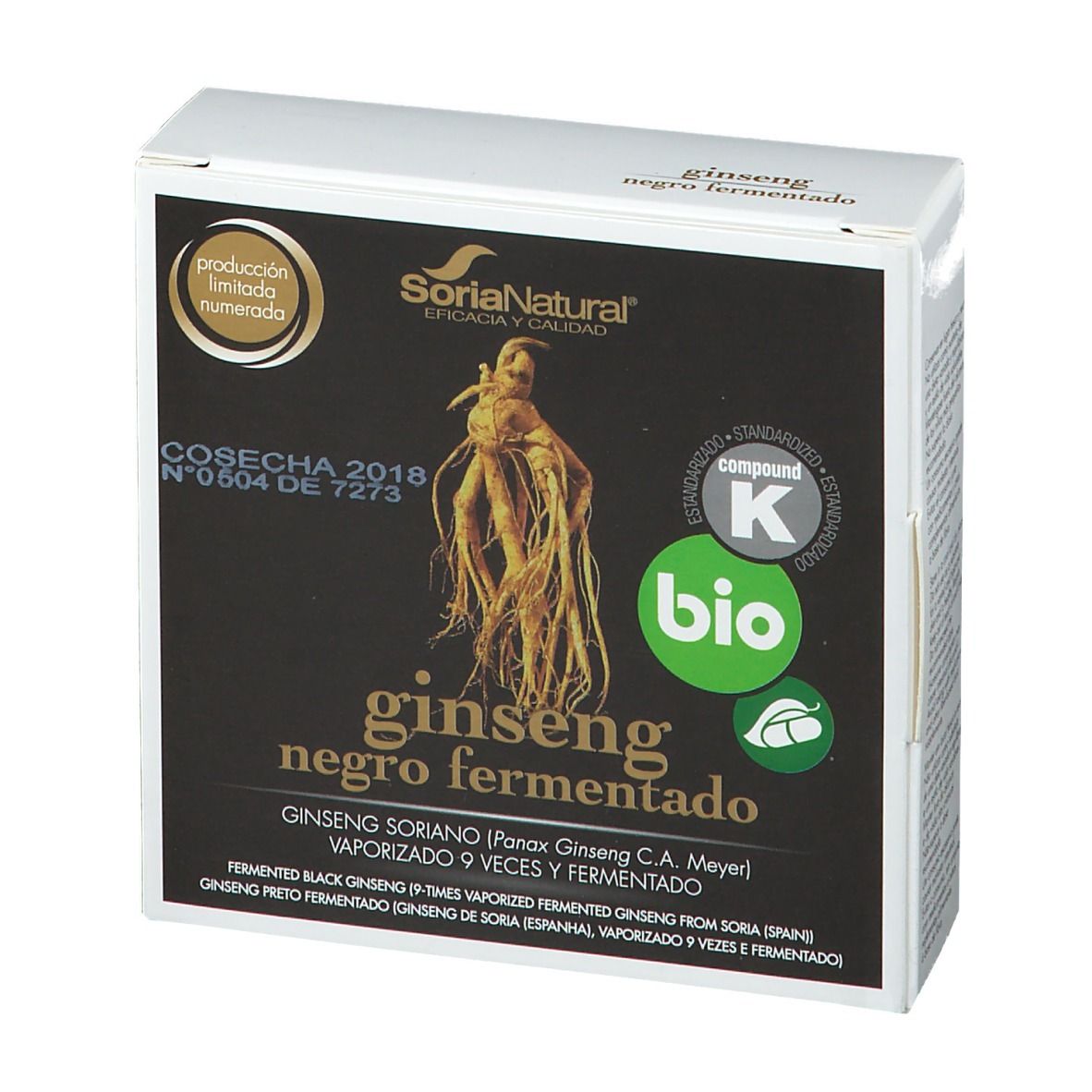 Boîte en carton avec nom du produit et logo. Inscriptions : Ginseng negro fermentado, label Bio, Soria Natural.