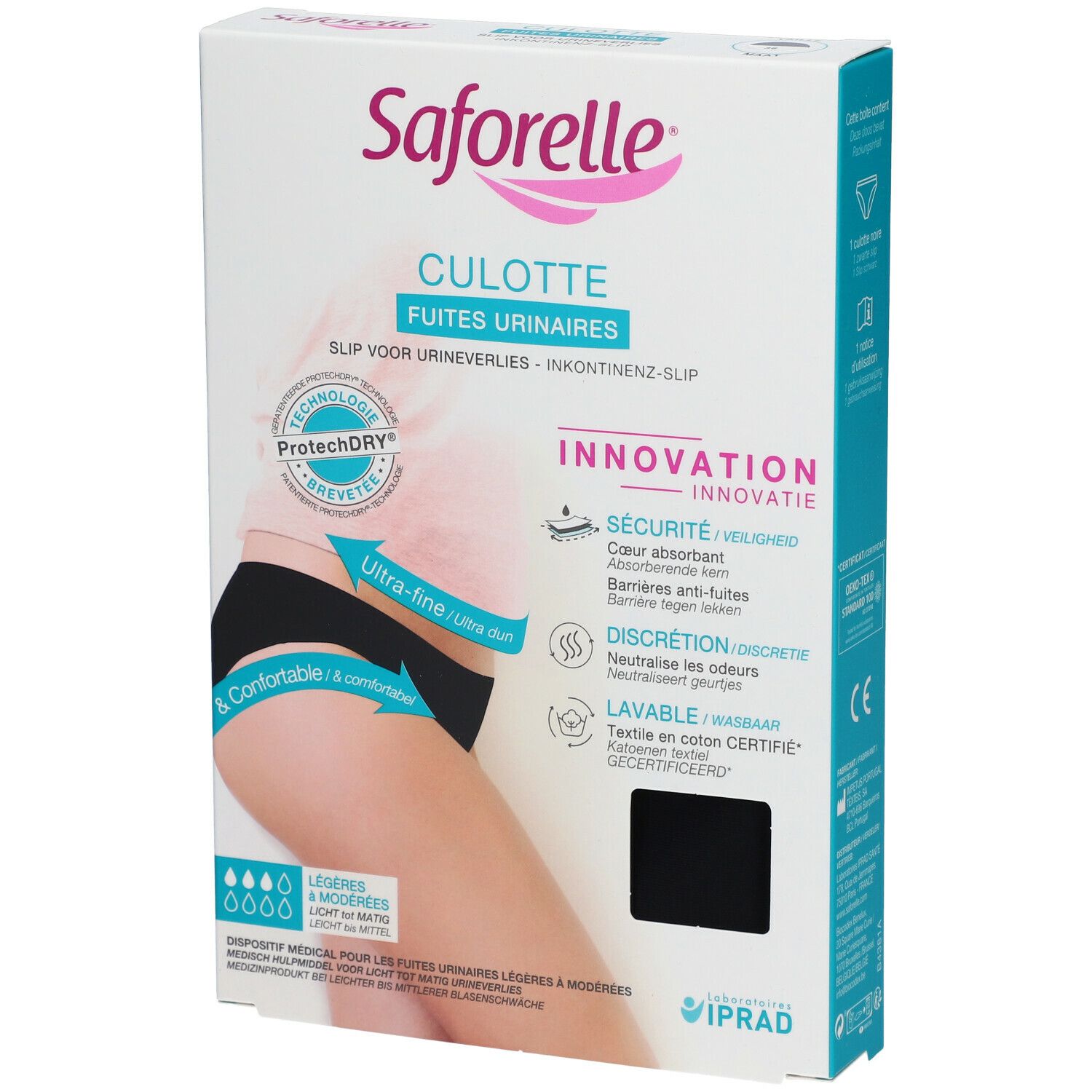 Verpakking Saforelle Culotte Ultra Absorbante. Zwarte incontinentie slip, maat 38, met productinfo en logo. Voor urineverlies.