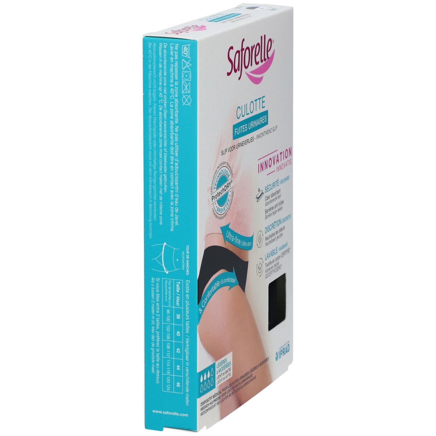 Zijaanzicht verpakking Saforelle Culotte Ultra Absorbante. Productinfo en logo. Zwarte incontinentie slip, maat 38. Voor urineverlies.