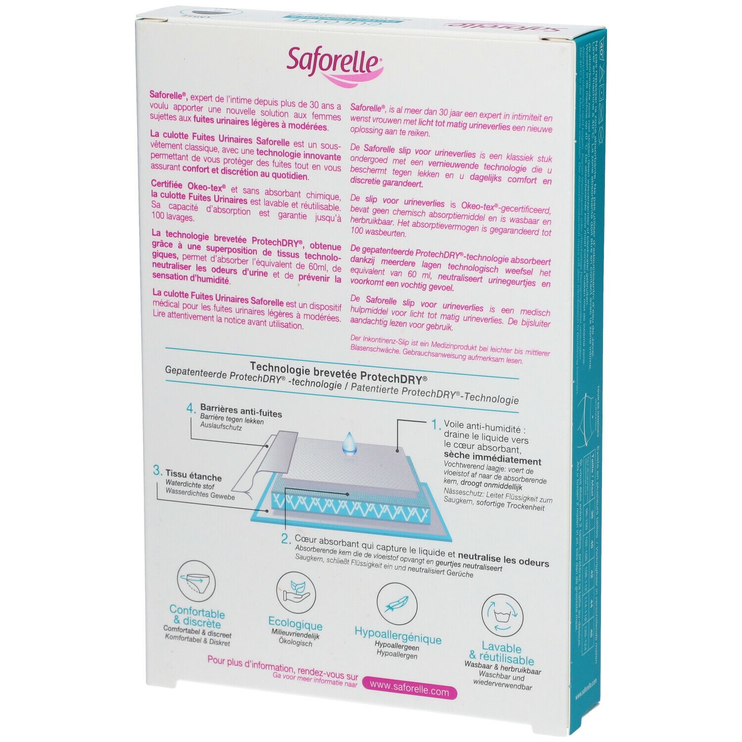Achterkant verpakking Saforelle Culotte Ultra Absorbante. Productbeschrijving, technologie, certificeringen en logo. Voor urineverlies.