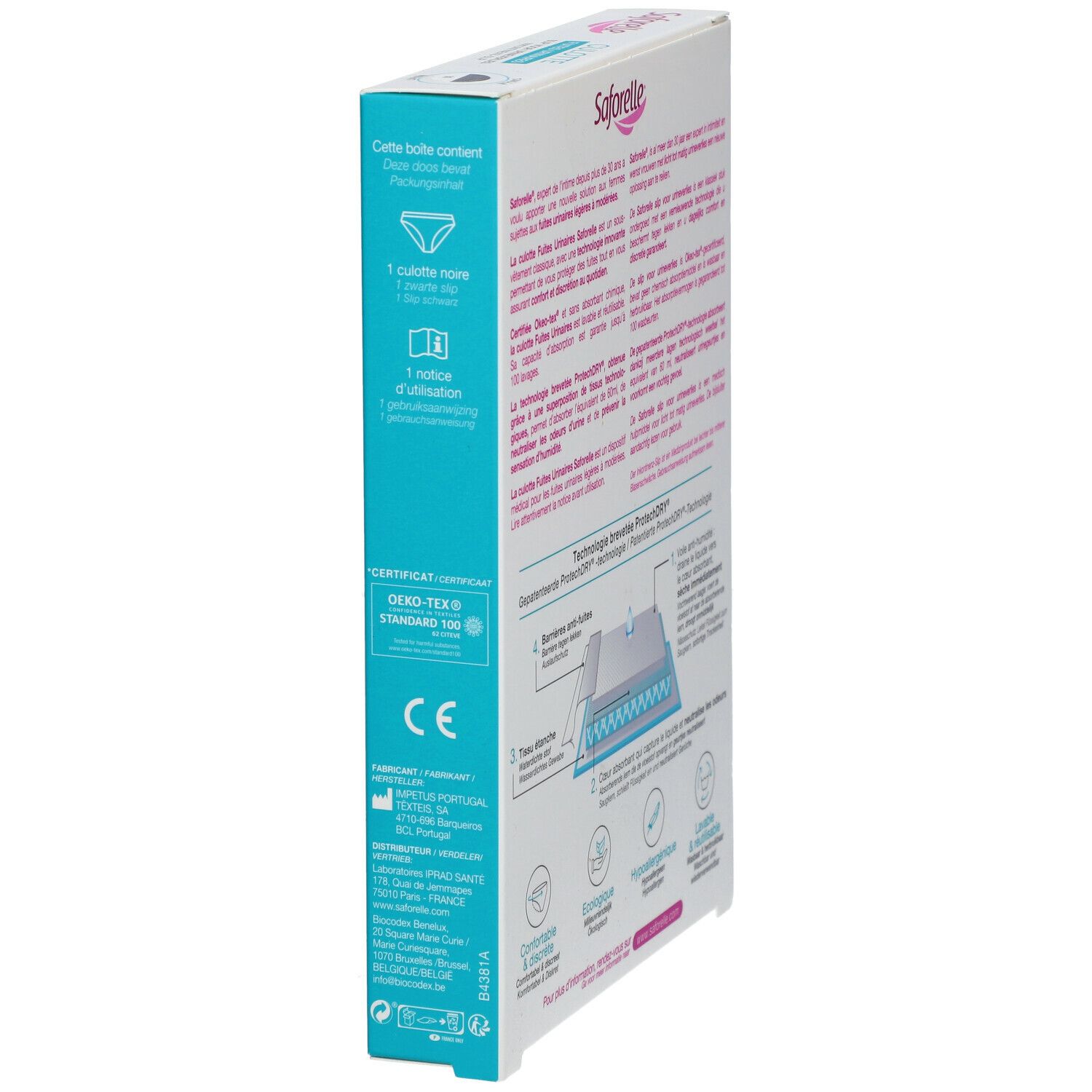 Zijaanzicht verpakking Saforelle Culotte Ultra Absorbante. Productinfo, certificeringen en logo. Inhoudsopgave.