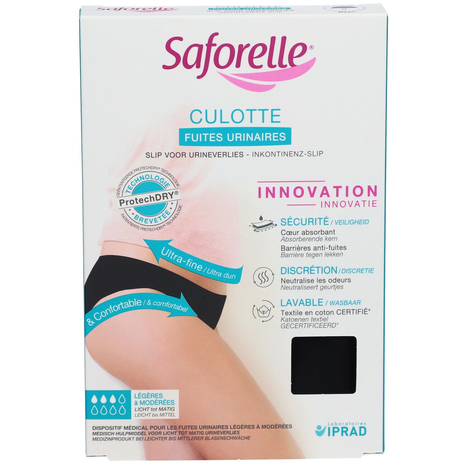 Vooraanzicht verpakking Saforelle Culotte Ultra Absorbante. Zwarte incontinentie slip, maat 38, met productinfo en logo. Voor urineverlies.