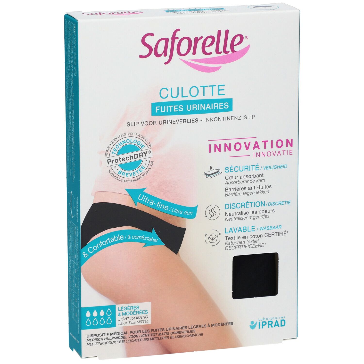 Vooraanzicht verpakking Saforelle Culotte Ultra Absorbante. Zwarte incontinentie slip, maat 38, met productinfo en logo. Voor urineverlies.