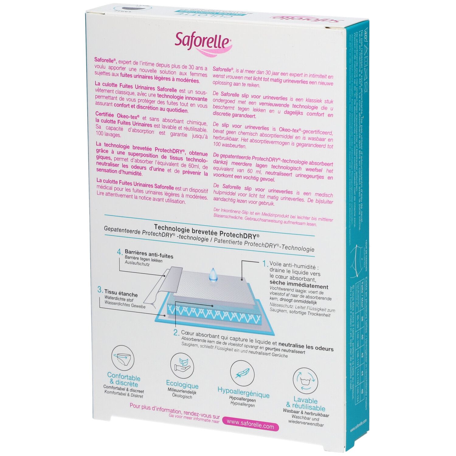 Rückseite der Saforelle Culotte Ultra Absorbante Verpackung. Produktinformationen und technische Details. Marke sichtbar.