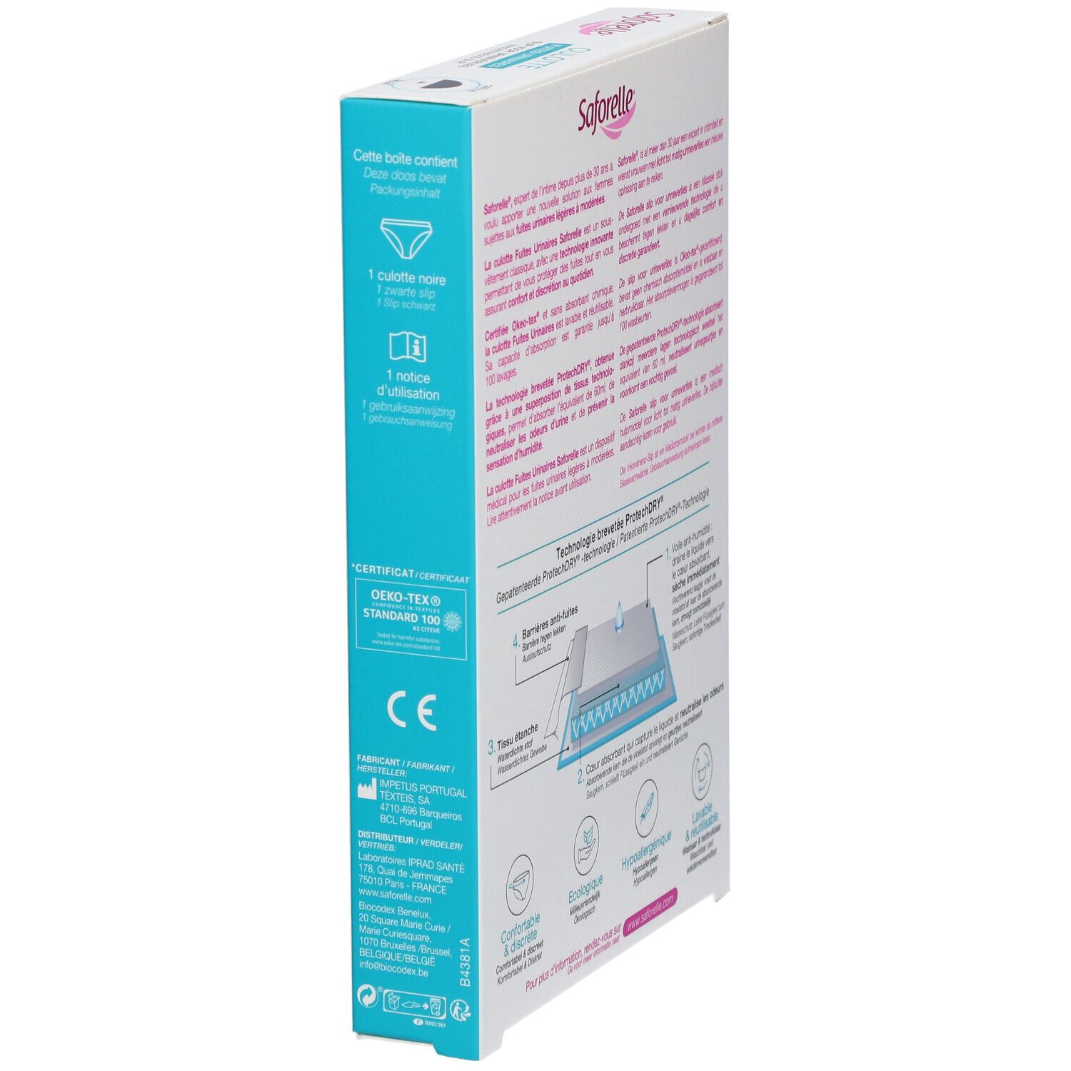 Seitenansicht der Saforelle Culotte Ultra Absorbante Verpackung. Produktinformationen und Zertifizierungen. Marke sichtbar.