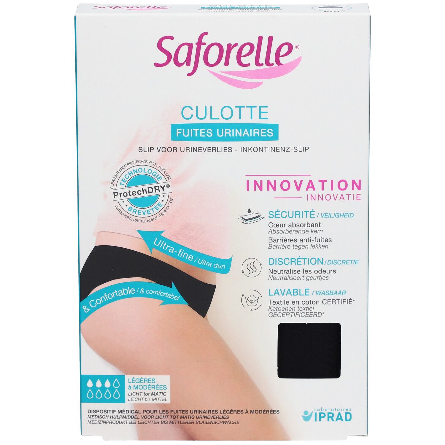 Saforelle Culotte Ultra Absorbante Verpackung. Schwarzer Inkontinenz-Slip, Größe 44. Marke und Produktbezeichnung sichtbar.
