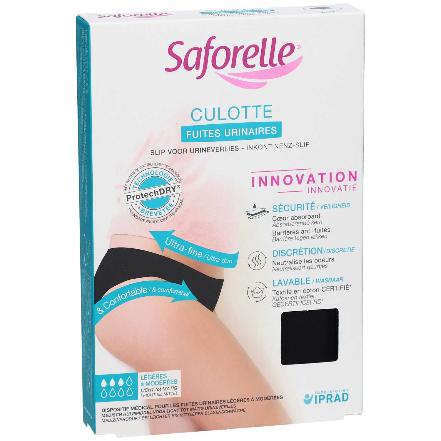 Saforelle Culotte Ultra Absorbante Verpackung. Schwarzer Inkontinenz-Slip, Größe 44. Marke und Produktbezeichnung sichtbar.