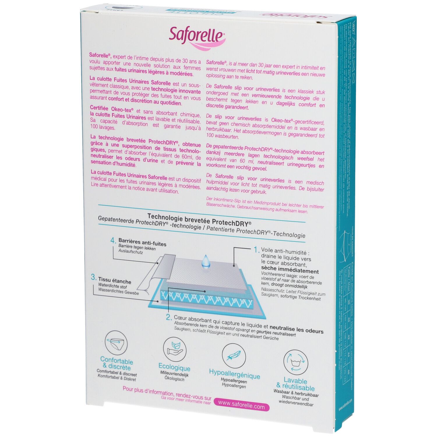 Rückseite der Saforelle Culotte Verpackung. Text und Illustrationen beschreiben das Produkt.