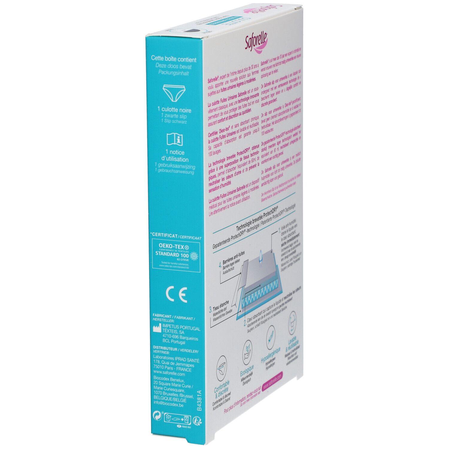 Seitenansicht der Saforelle Culotte Verpackung. Produktinformationen und Zertifizierungen.