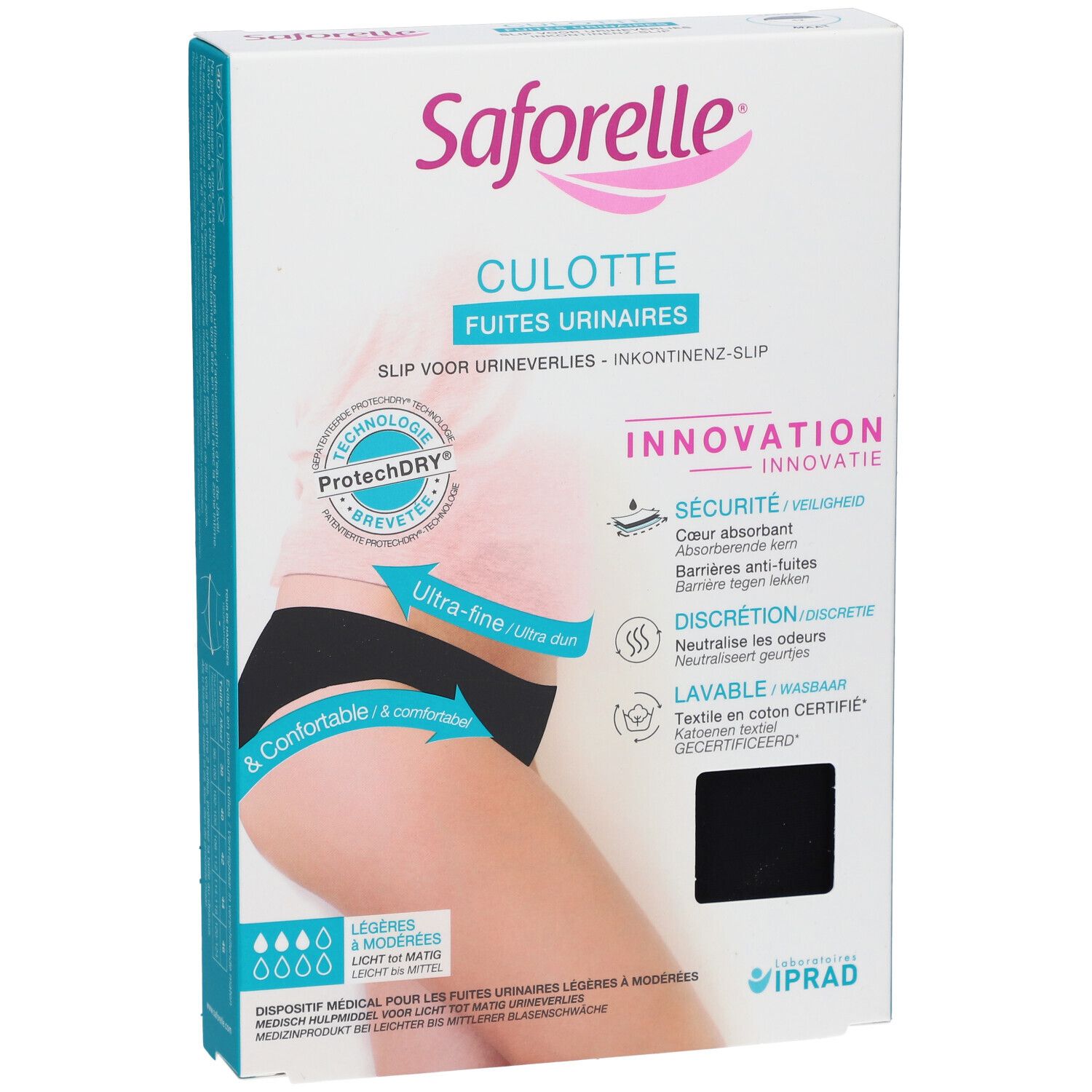 Saforelle Culotte Verpackung. Schwarzer Inkontinenz-Slip. Marke und Produktbezeichnung.