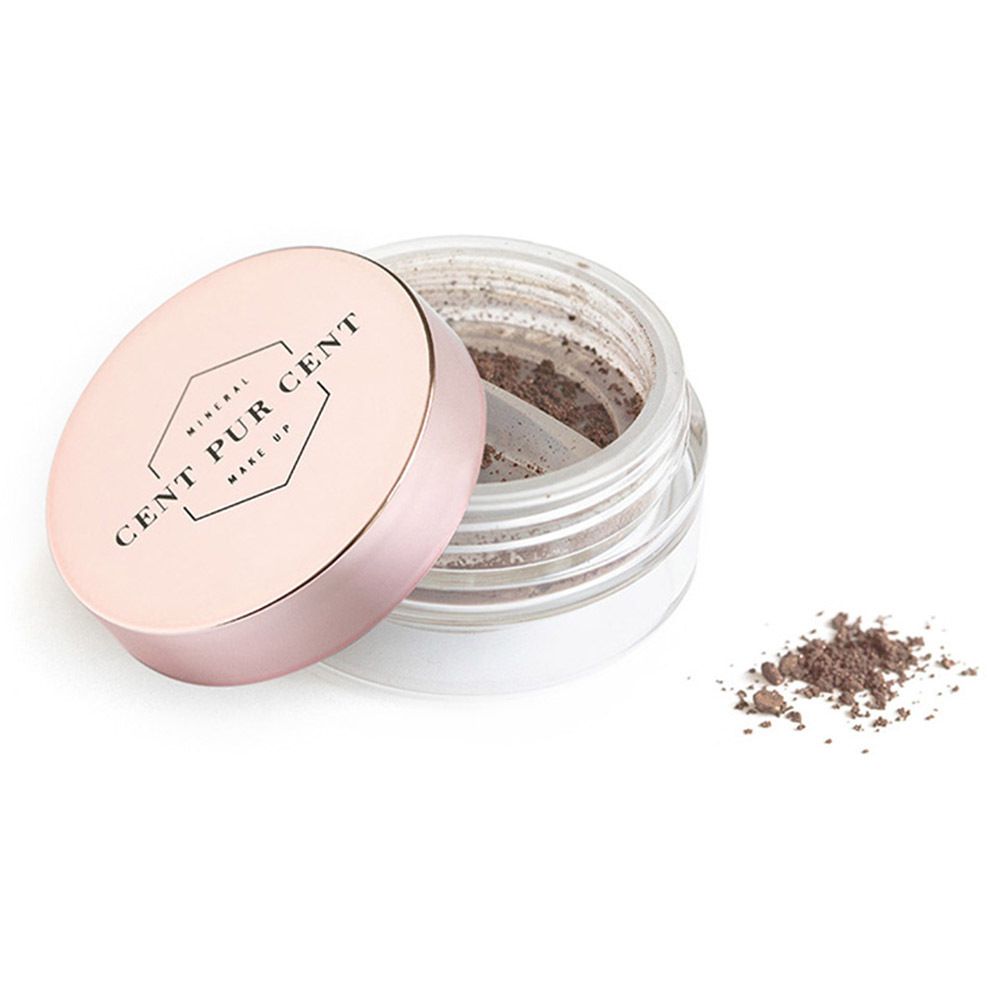 Pot d'ombre à paupières ouvert. Couvercle rose, ombre à paupières en poudre. Cent Pur Cent.