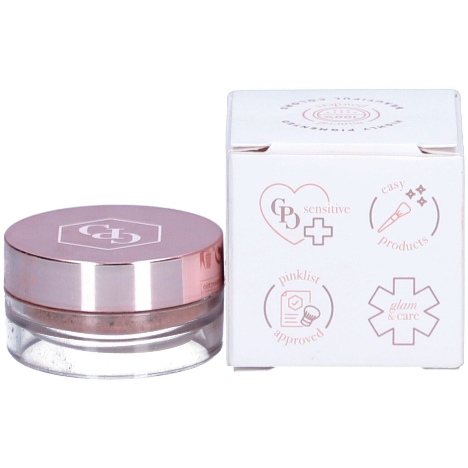 Pot et boîte d'ombre à paupières. Couvercle rose, boîte blanche avec symboles. Cent Pur Cent Mineral Eye Shadow.
