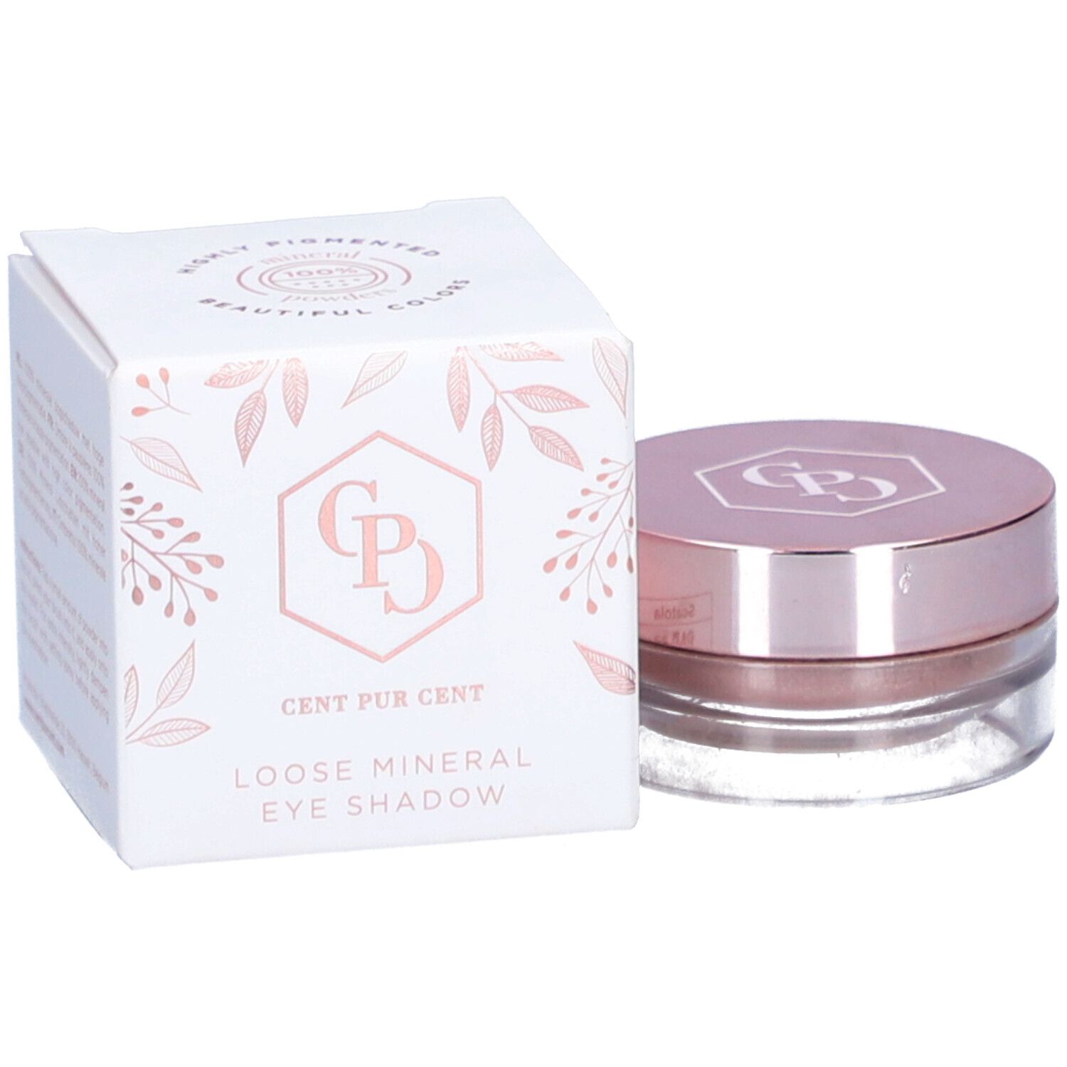 Pot et boîte d'ombre à paupières. Couvercle rose, boîte blanche avec texte. Cent Pur Cent Mineral Eye Shadow.